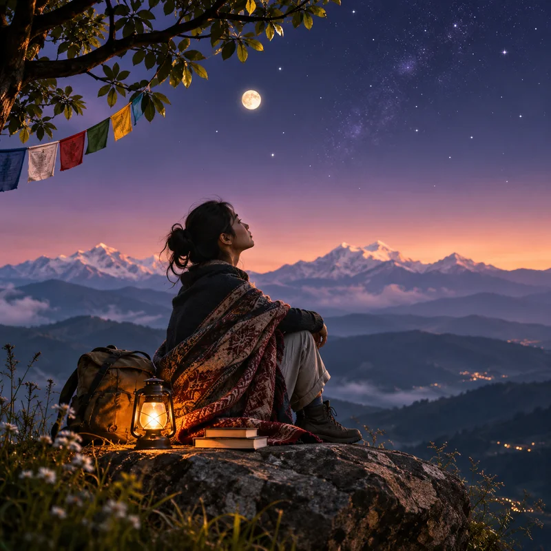 At twilight, a young Nepali woman wrapped in a shawl sits on a rock beside a lantern, books and a backpack, gazing at the moon over the Himalaya as prayer flags hang from a tree