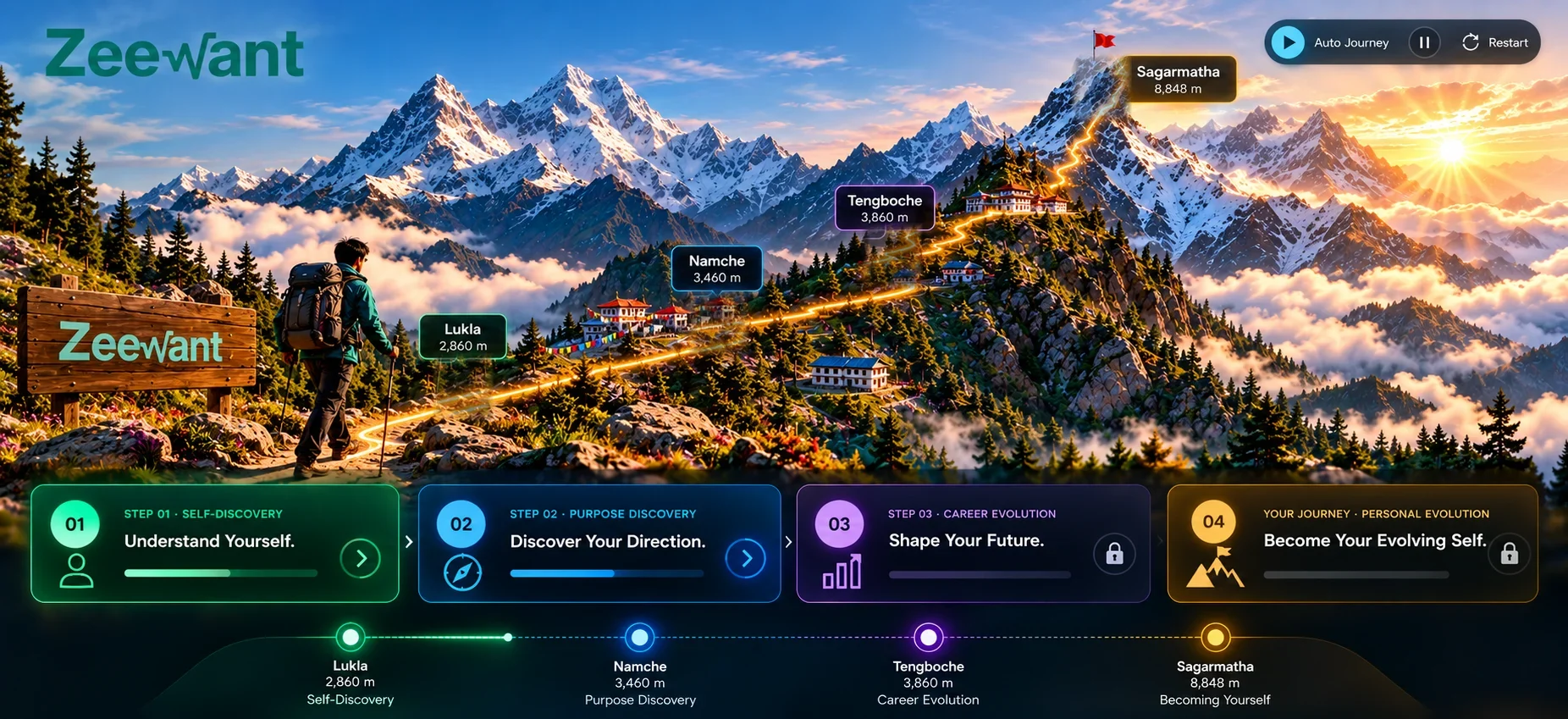 The Zeewant student evolution journey: a trekker beside a Zeewant signboard sets off up a glowing Himalayan trail through Lukla (2,860 m, Self-Discovery), Namche (3,460 m, Purpose Discovery) and Tengboche (3,860 m, Career Evolution) to Sagarmatha (8,848 m, Becoming Yourself).